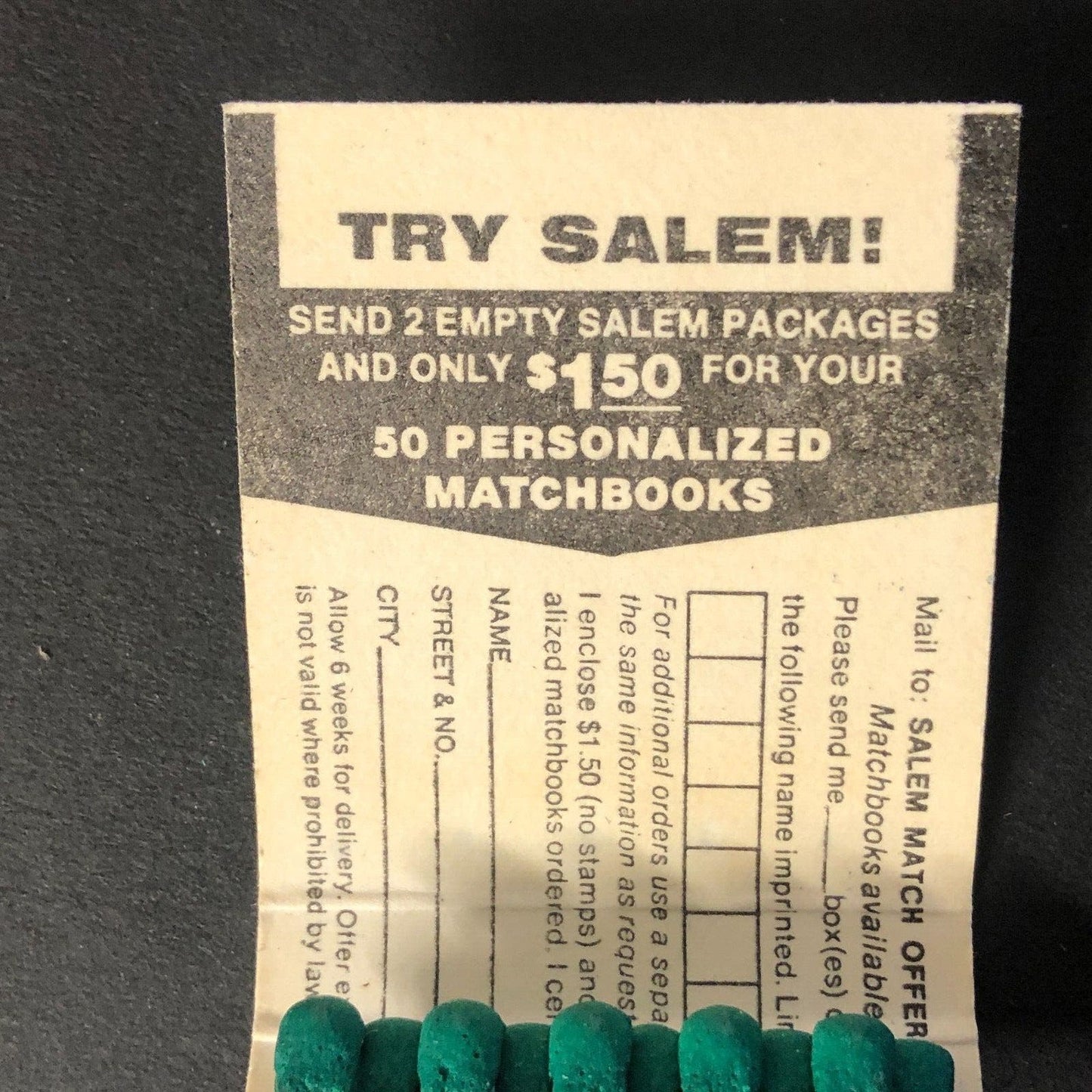 Salem Cigarettes w/ Personalized Embossing Mail in Offer Full Matchbook 1972 VGC