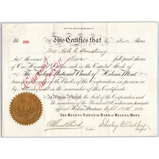 Helena National Bank, Montana 1892 Stock Certificate Cert# 266 for 5 Shares