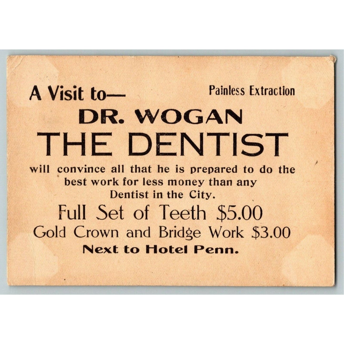 York, PA Dr Wogan Dentist Victorian Trade Card "Full Set of Teeth $5.00"