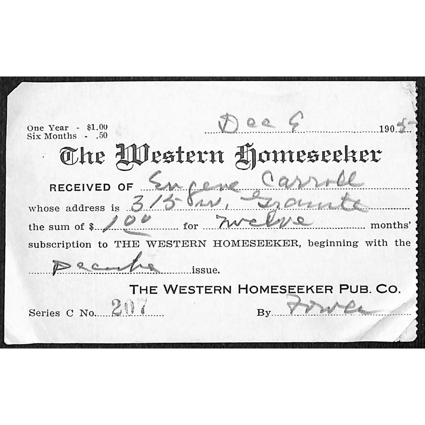 Helena Montana 1905 "The Western Homeseeker" / Eugene Carroll Payment Receipt