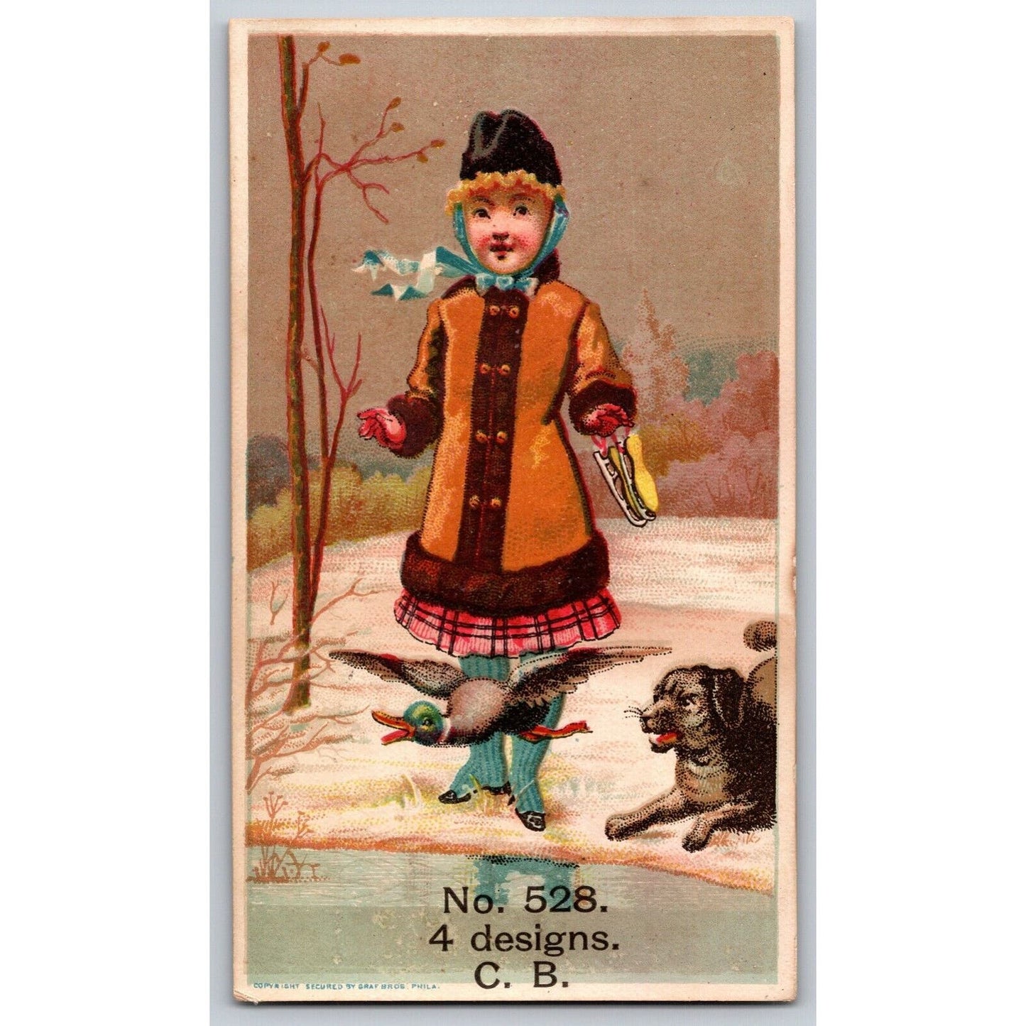 Girl Ice Skates Duck Dog Sample Victorian Trade Card No. 528 - Scarce