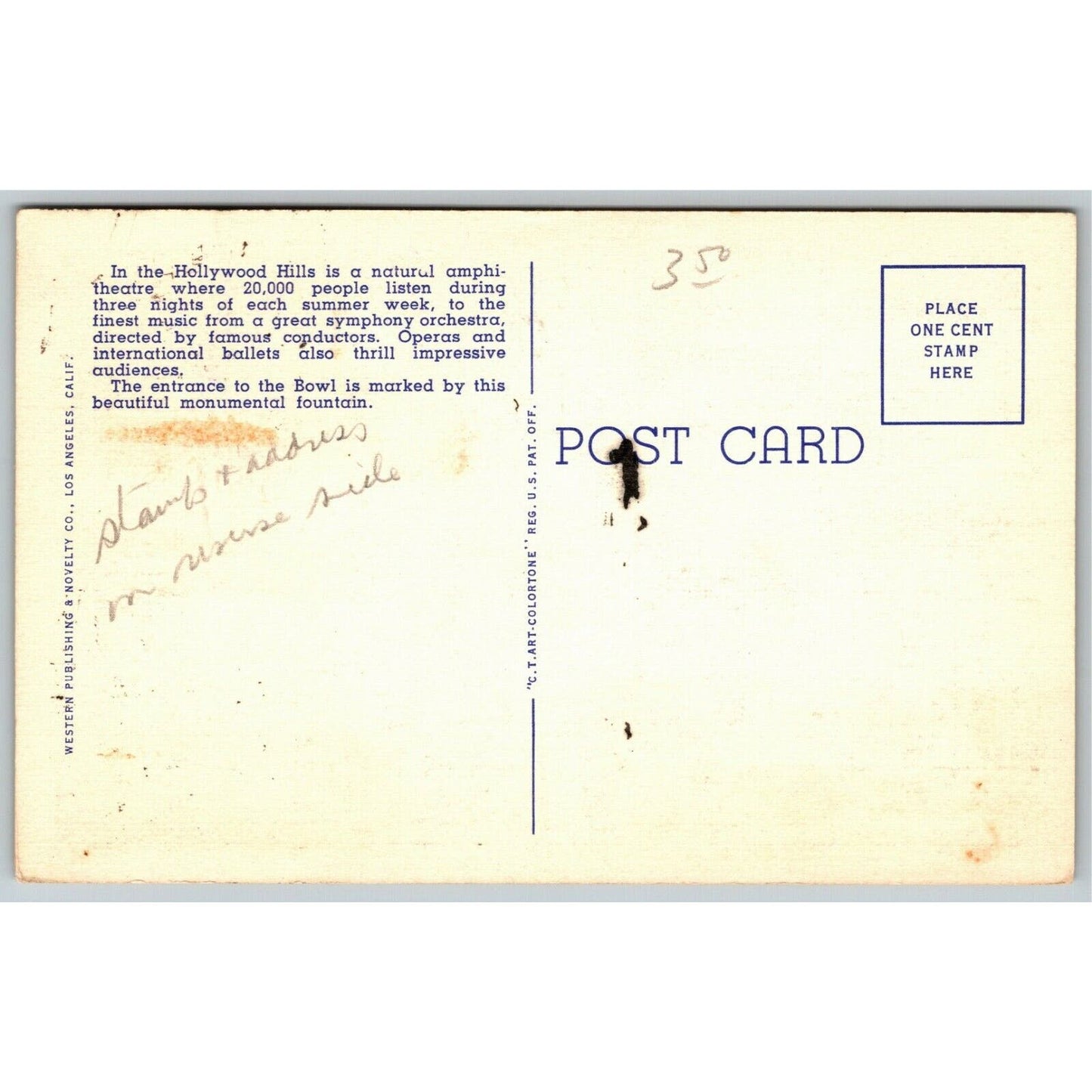 Vintage Linen Hollywood Bowl California Postcard PM Front Stamp & PM 1941
