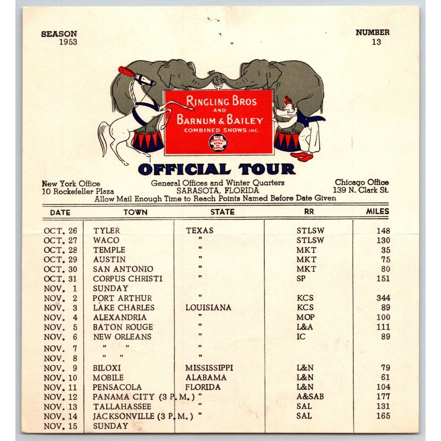 1953 Ringling Bros Barnum Bailey Circus Route Card Tyler Waco Temple Austin