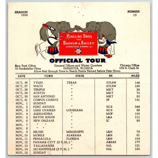 1953 Ringling Bros Barnum Bailey Circus Route Card Tyler Waco Temple Austin
