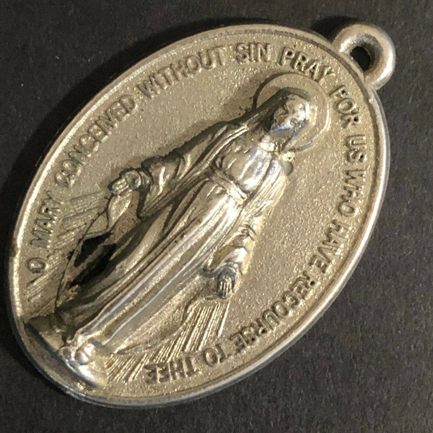 Vintage 39mm Plastic Mary - Born Without Sin - Pray for Us Pendant / Token