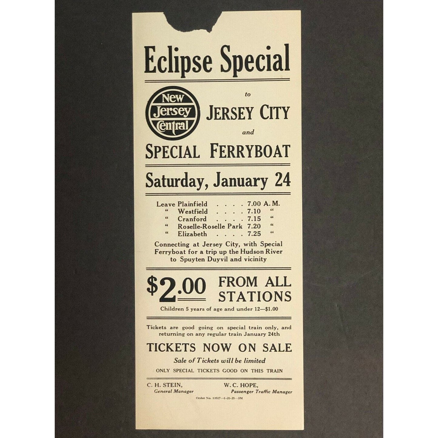 Vintage c1925 New Jersey Central RR Eclipse Special City Special Ferryboat