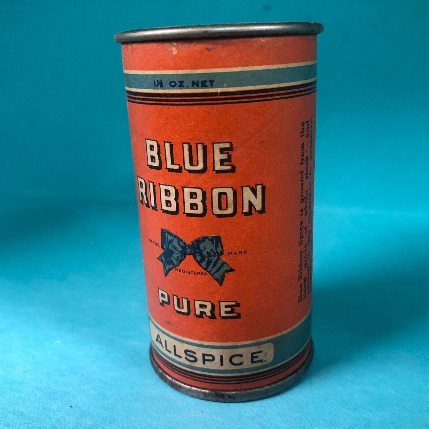 Blue Ribbon Allspice Tin Canadian 3 3/8"h Fiber Body c1920's-30's Scarce VGC
