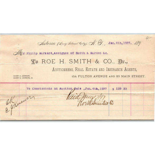 1897 Astoria LIC, NY Letterhead Roe H. Smith Co. Auctioneers RE & Ins. Agents