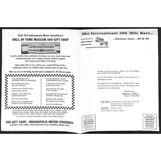1978 Indy 500 Indianapolis IMS Unused Ticket Info Order Form Sheet w/ Map Scarce