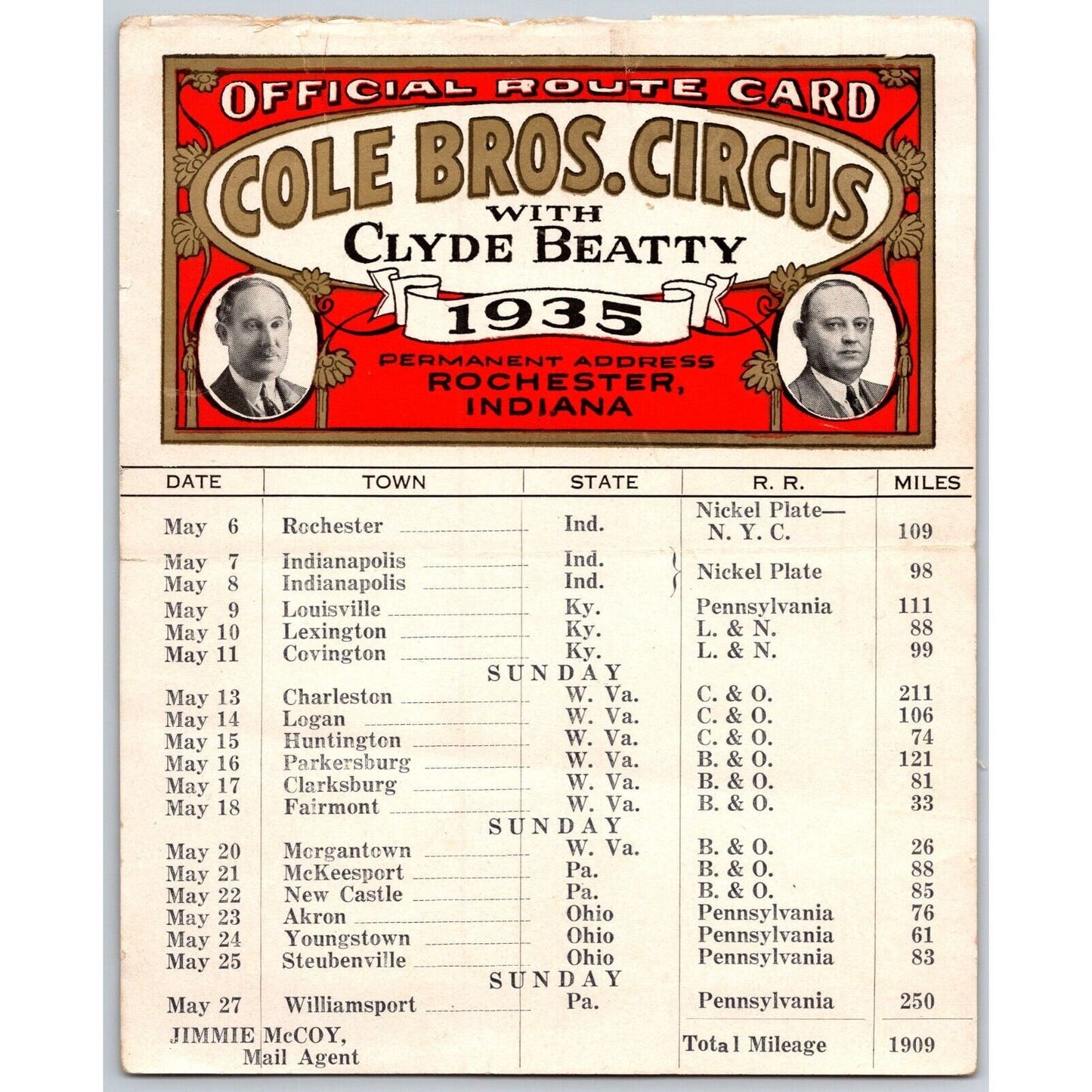 1935 Cole Bros with Clyde Beatty Circus Route Card w/ IL, KY, WV, OH, IN Stops