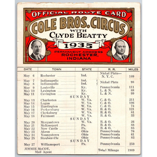 1935 Cole Bros with Clyde Beatty Circus Route Card w/ IL, KY, WV, OH, IN Stops