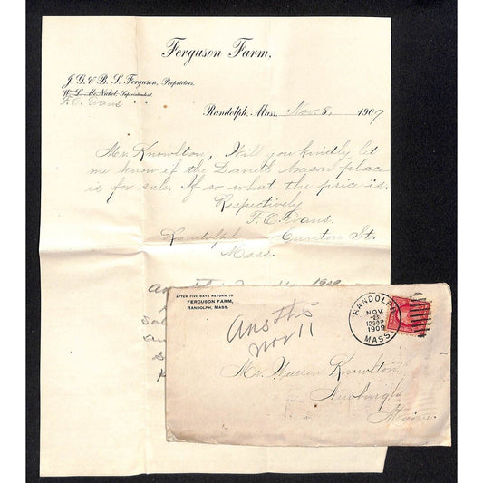 Newburgh, ME Amos W. Knowlton* 1909 Randolph, MA Ferguson Farms Letterhead