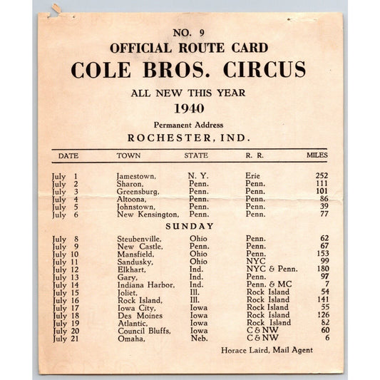 1940 Cole Bros Circus Route Card PA NY OH IN IL IA NE