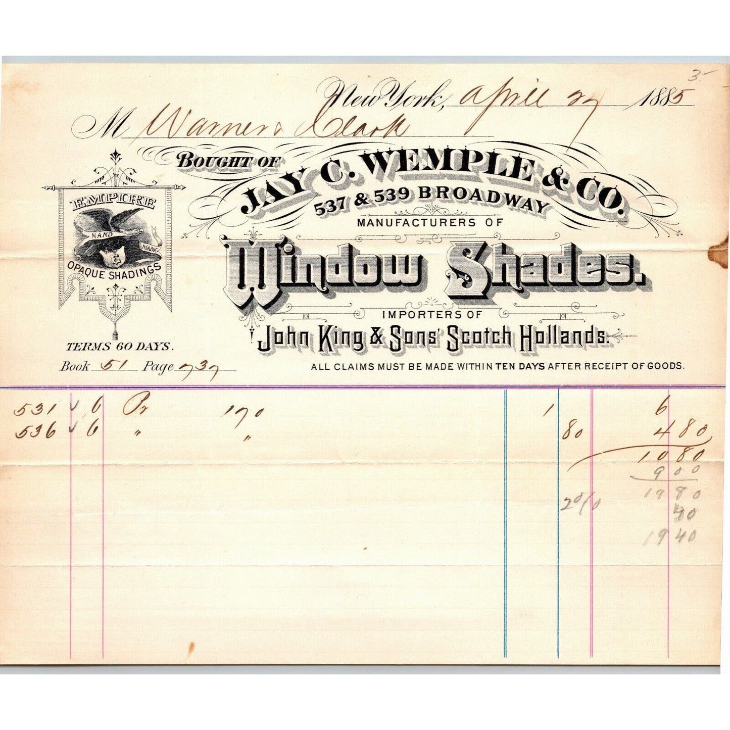 Jay. C Wemple & Co. NY, NY to Glover, Warner & Clarke Sandy Hook Letterhead 1885