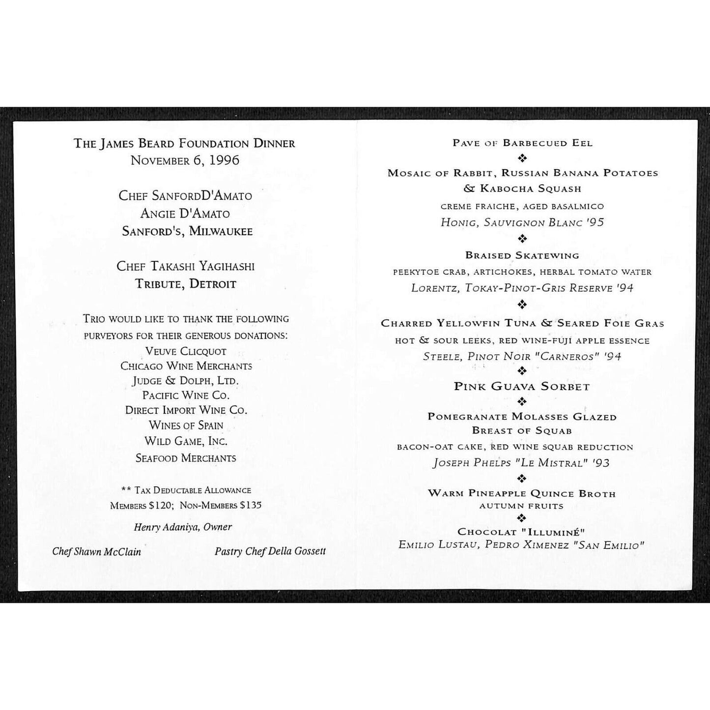 1996 James Beard Foundation Dinner Menu - Trio Evenson, IL