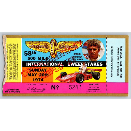 1974 Indy 500 Complementary Employee Ticket Stub #5247 - Ron Burton Estate