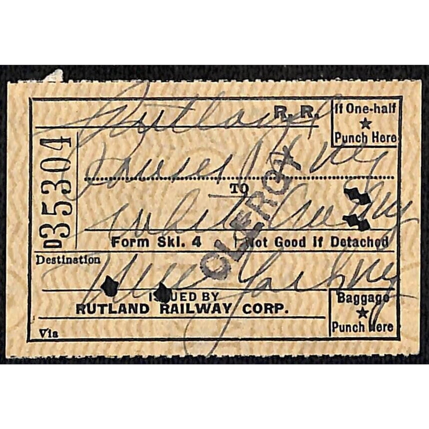 1953 Rutland Railway Ticket / Burlington, VT Stamp #35301