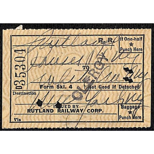 1953 Rutland Railway Ticket / Burlington, VT Stamp #35301
