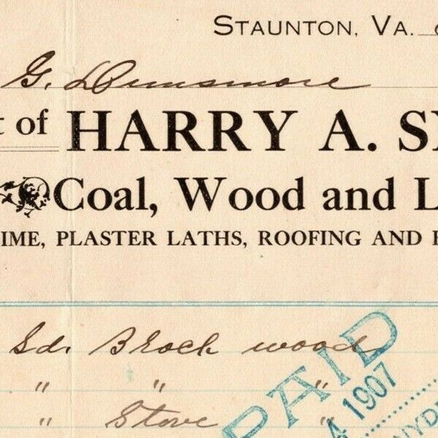 1908 Scarce Harry A. Snyder Coal Wood Lumber Billhead Letterhead Staunton, VA