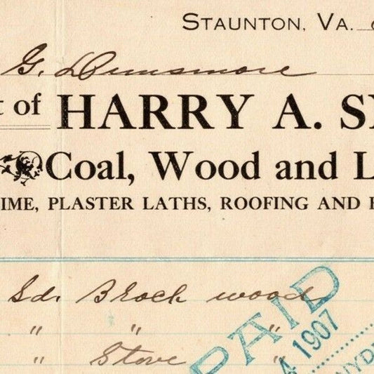 1908 Scarce Harry A. Snyder Coal Wood Lumber Billhead Letterhead Staunton, VA