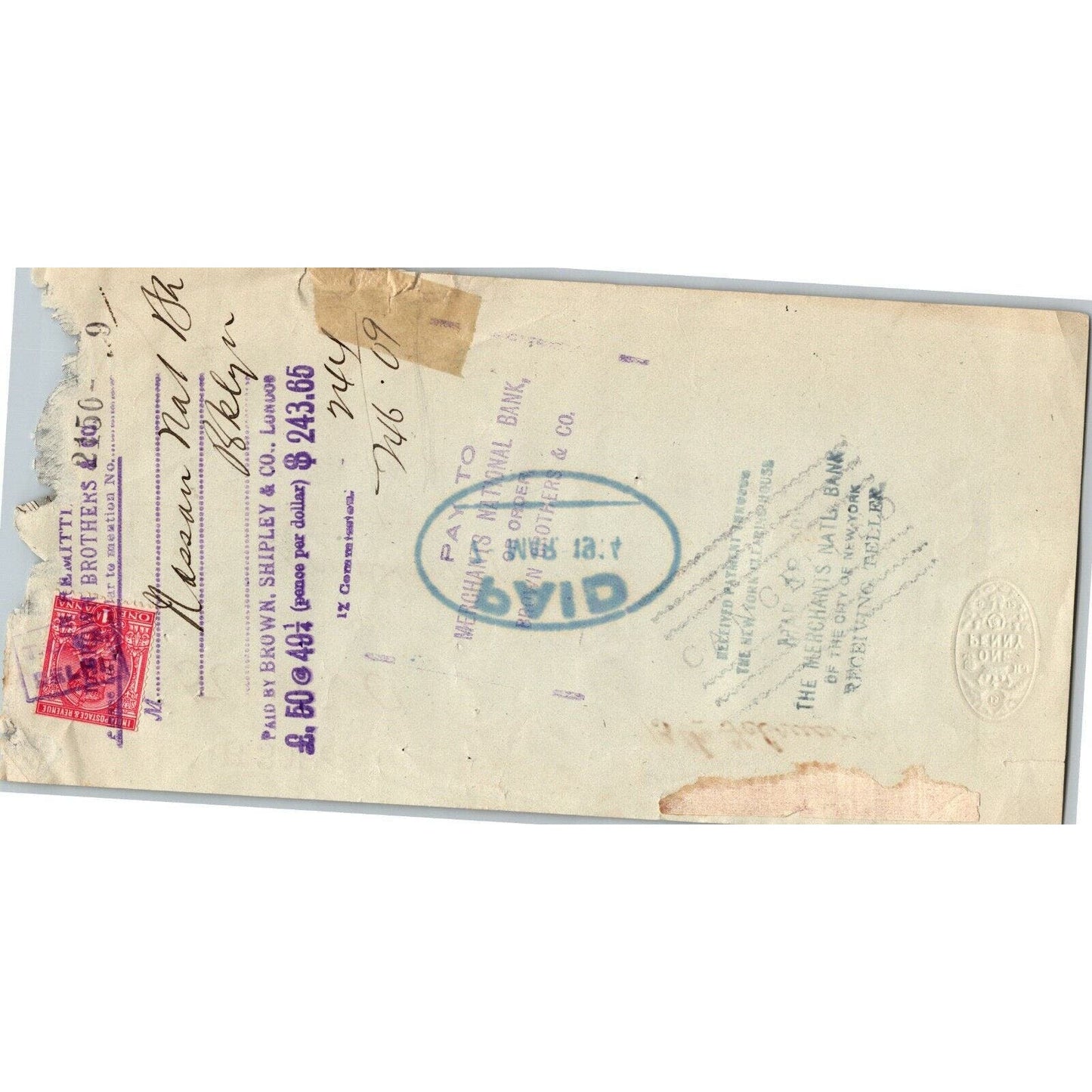 1914 Brown & Shipley Co. London Thomas Cook & Son Bank Check Tax Stamps