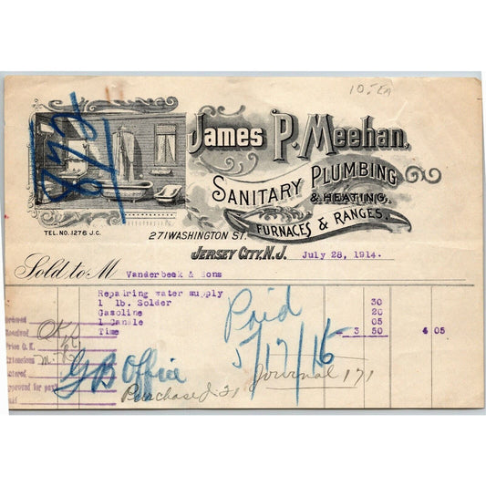 1914 Jersey City, NJ Letterhead James P. Meehan Sanitary Plumbing & Heating