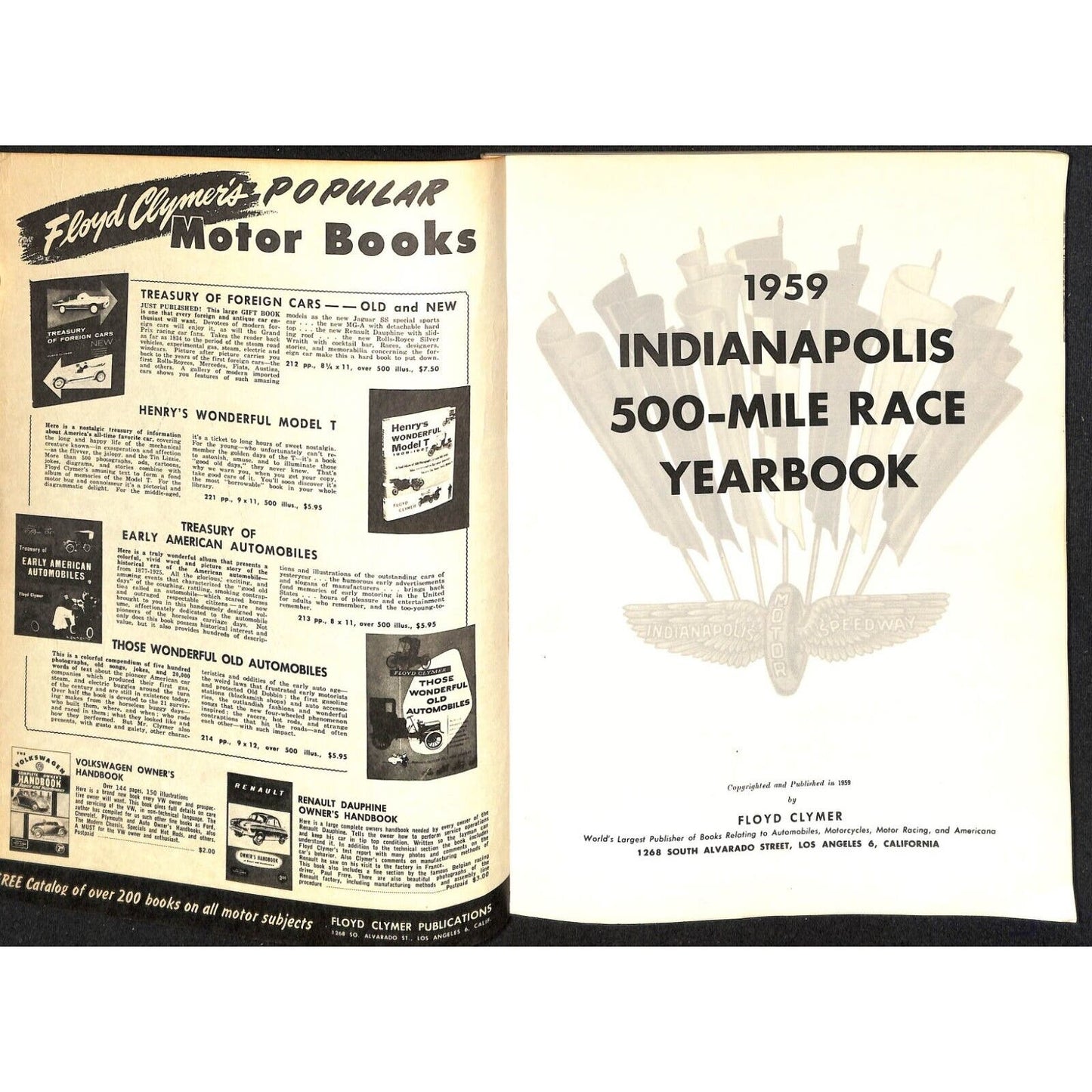 1959 Indy 500 Floyd Clymer's Indianapolis 500 Mile Yearbook IMS 136pp. VGC