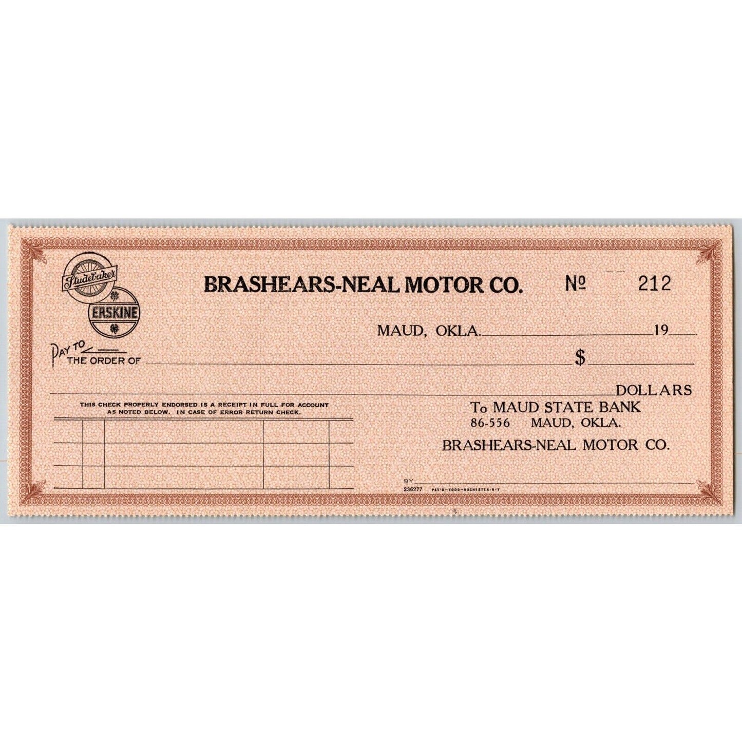 Maud, Oklahoma c1929 Unused Brashears-Neal Studebaker Erskine Check -Scarce