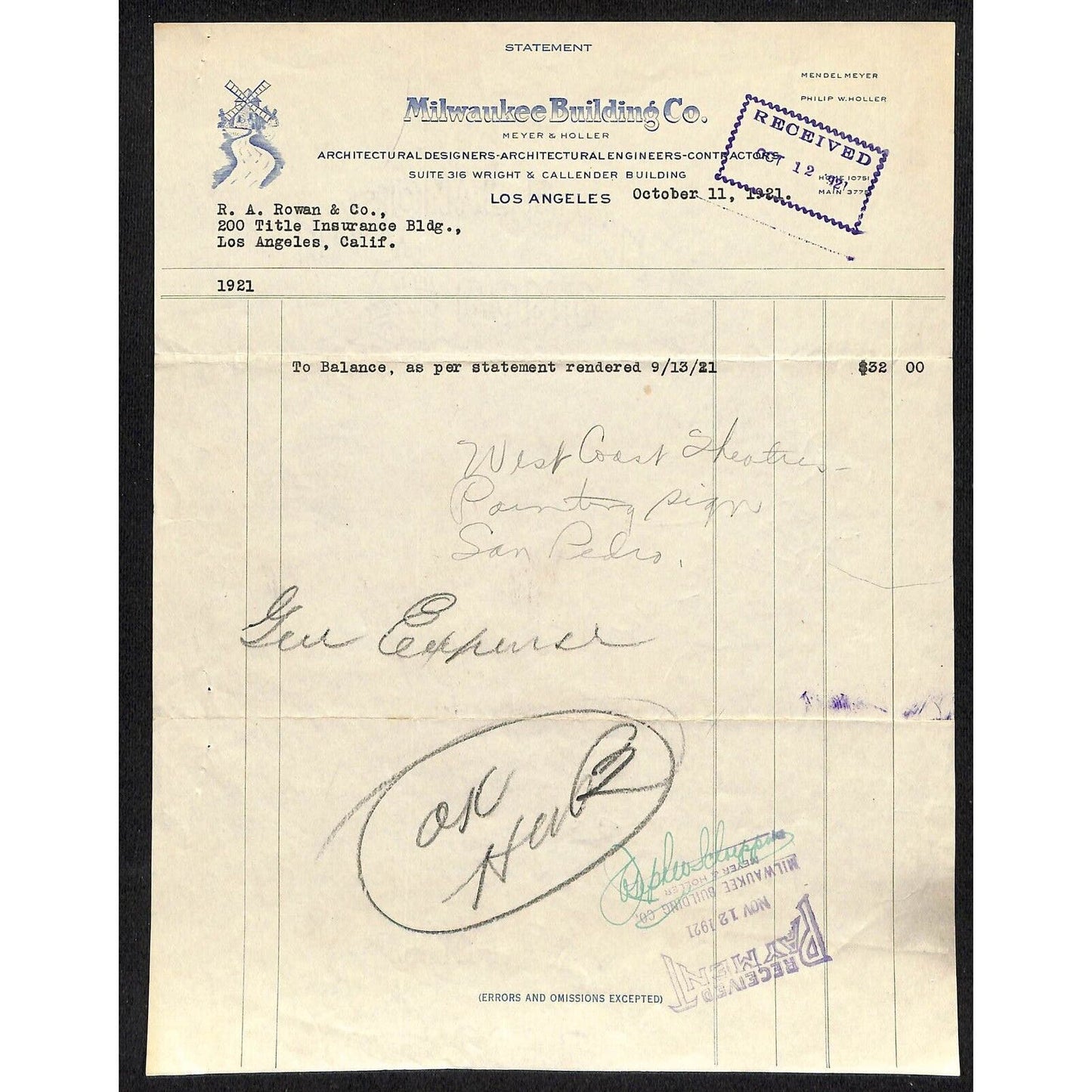 Milwaukee Building Co. Architectural Los Angeles 1921 Letterhead R.A. Rowan