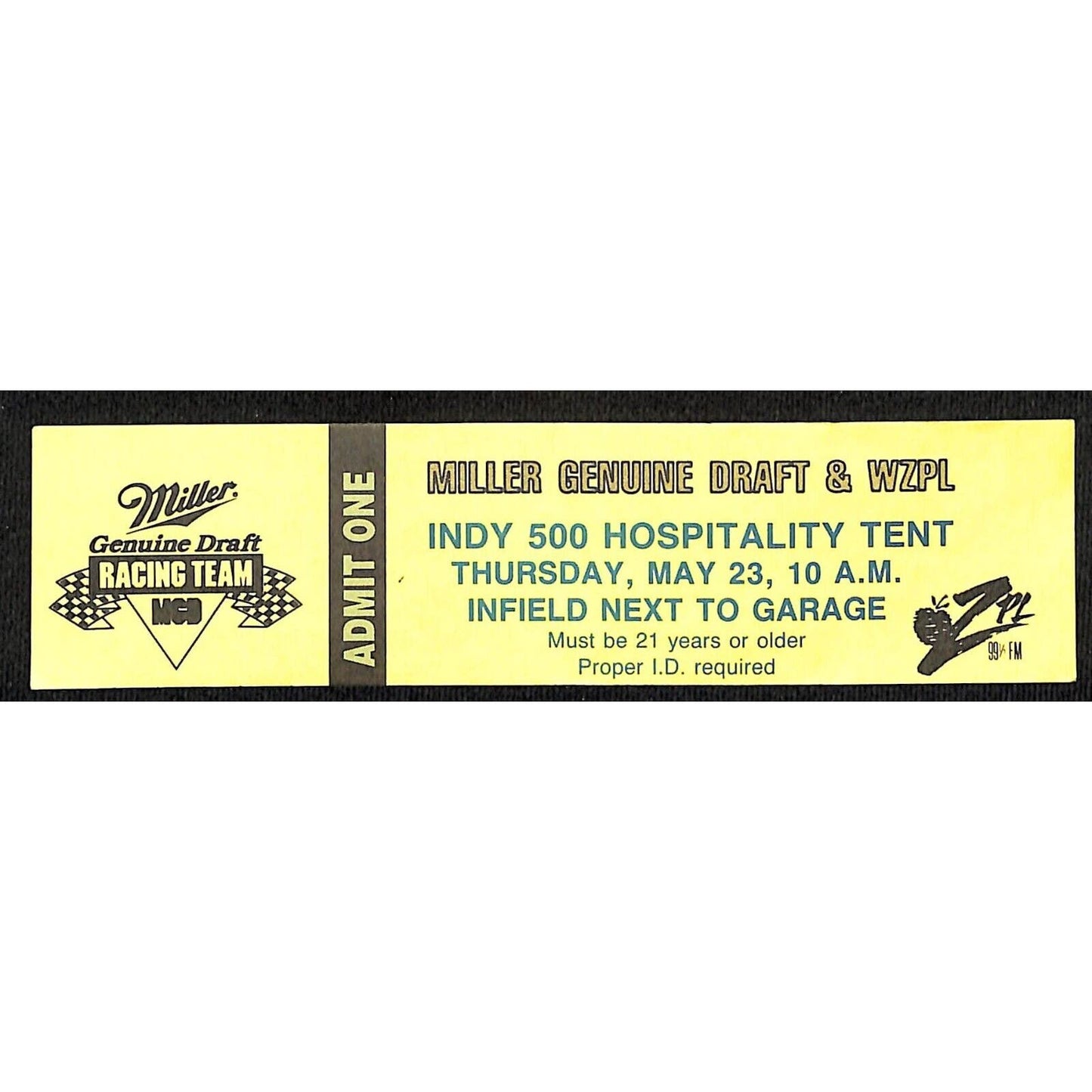 Miller Genuine Draft Racing Team INDY 500 Hospitality Tent Ticket - Pass c1990's