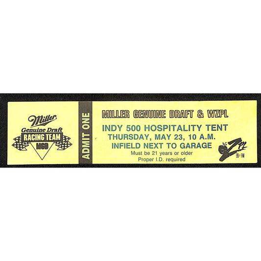 Miller Genuine Draft Racing Team INDY 500 Hospitality Tent Ticket - Pass c1990's
