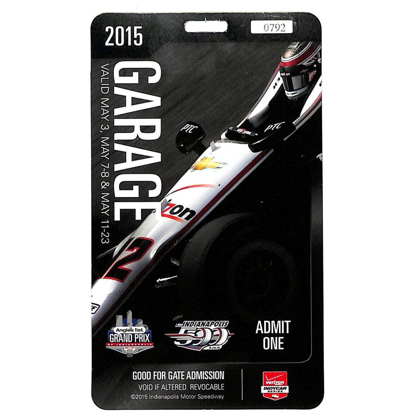 2015 Indy 500 Garage Access Ticket Pass Indianapolis IMS #0792 VGC