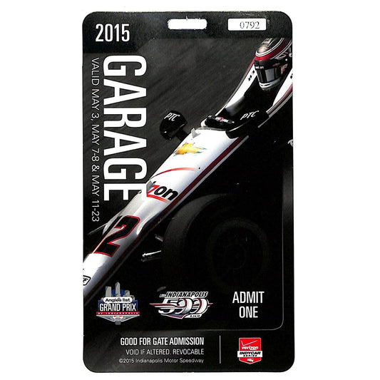 2015 Indy 500 Garage Access Ticket Pass Indianapolis IMS #0792 VGC