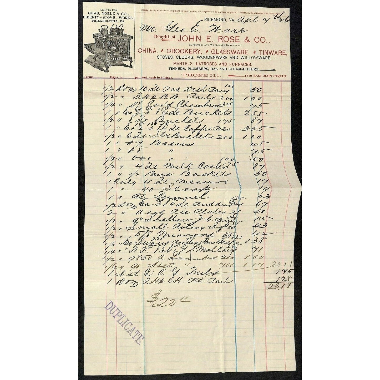 John E. Rose Letterhead & Ham's Lanterns Cover Richmond to Geo. E. Wear 1896