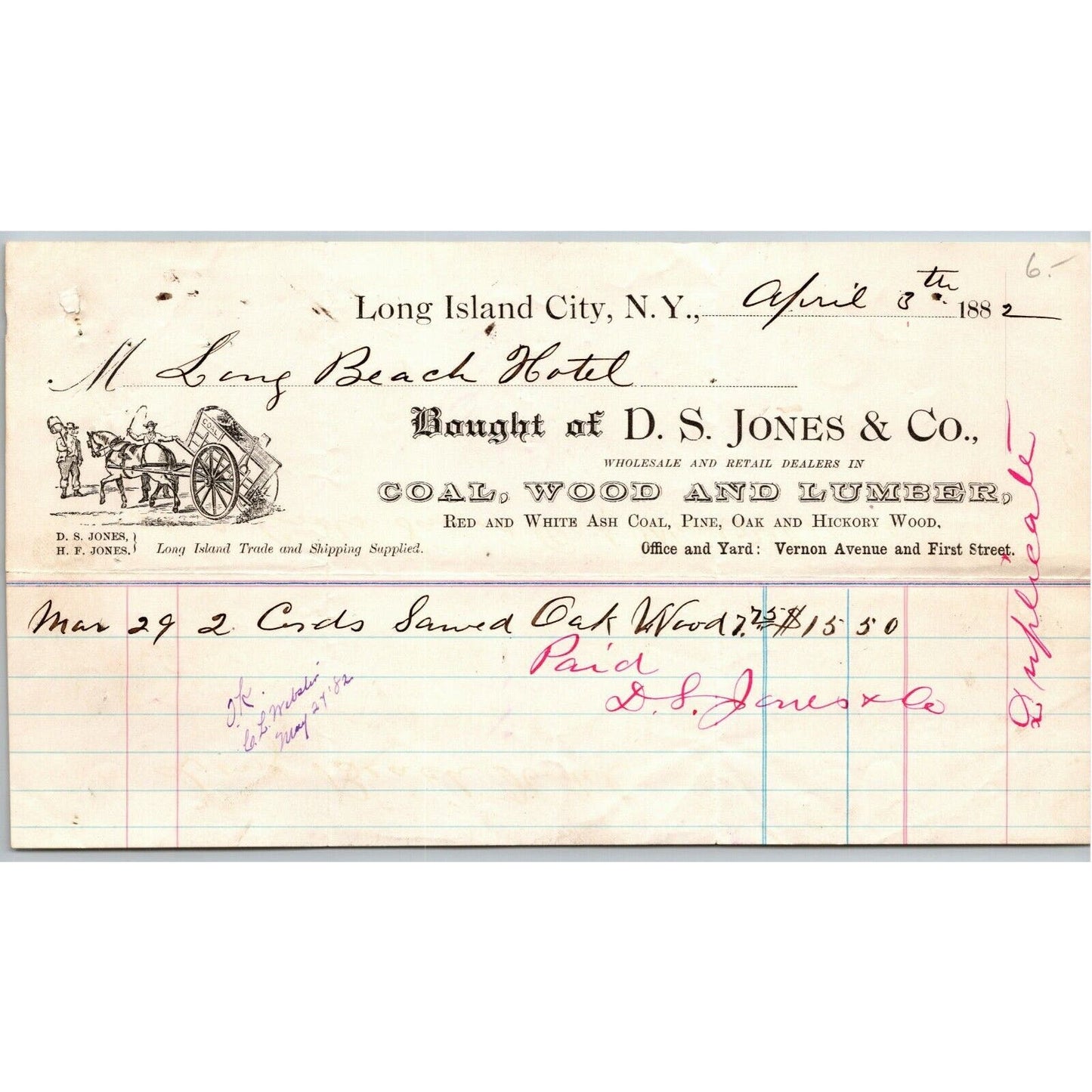 LIC, NY c1882 Letterhead - D.S. Jones & Co. Coal Wood Lumber Vernon Ave.