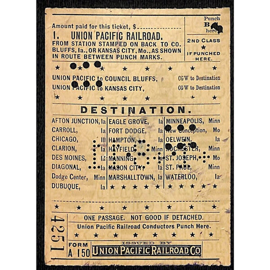 1911 Union Pacific Railroad Ticket Council Bluffs / Kansas City #4251