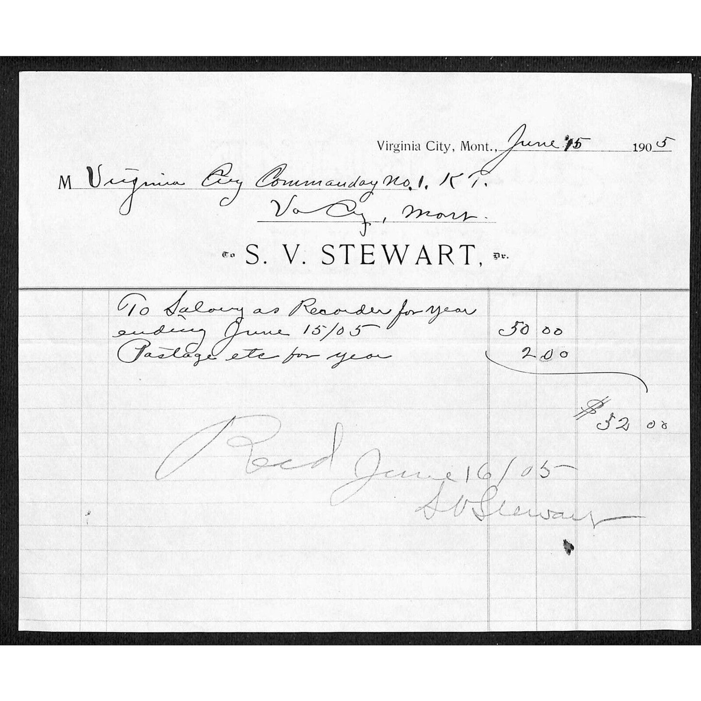 Virginia City, MT S.V. Stewart (Governor 1913-21) 1905 Billhead re: Salary