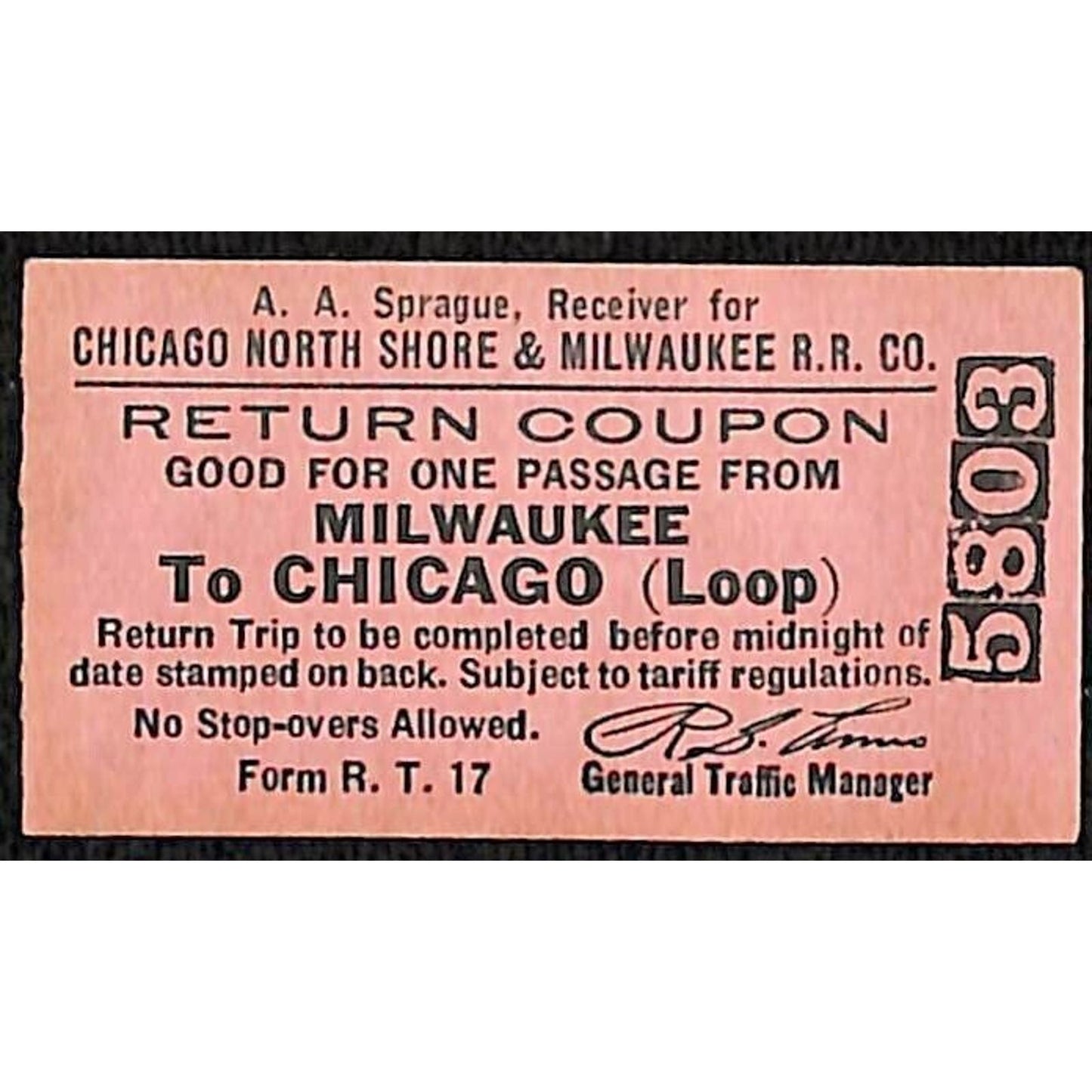 Chicago North Shore & Milwaukee RY Ticket c1953-60's Milwaukee #5803