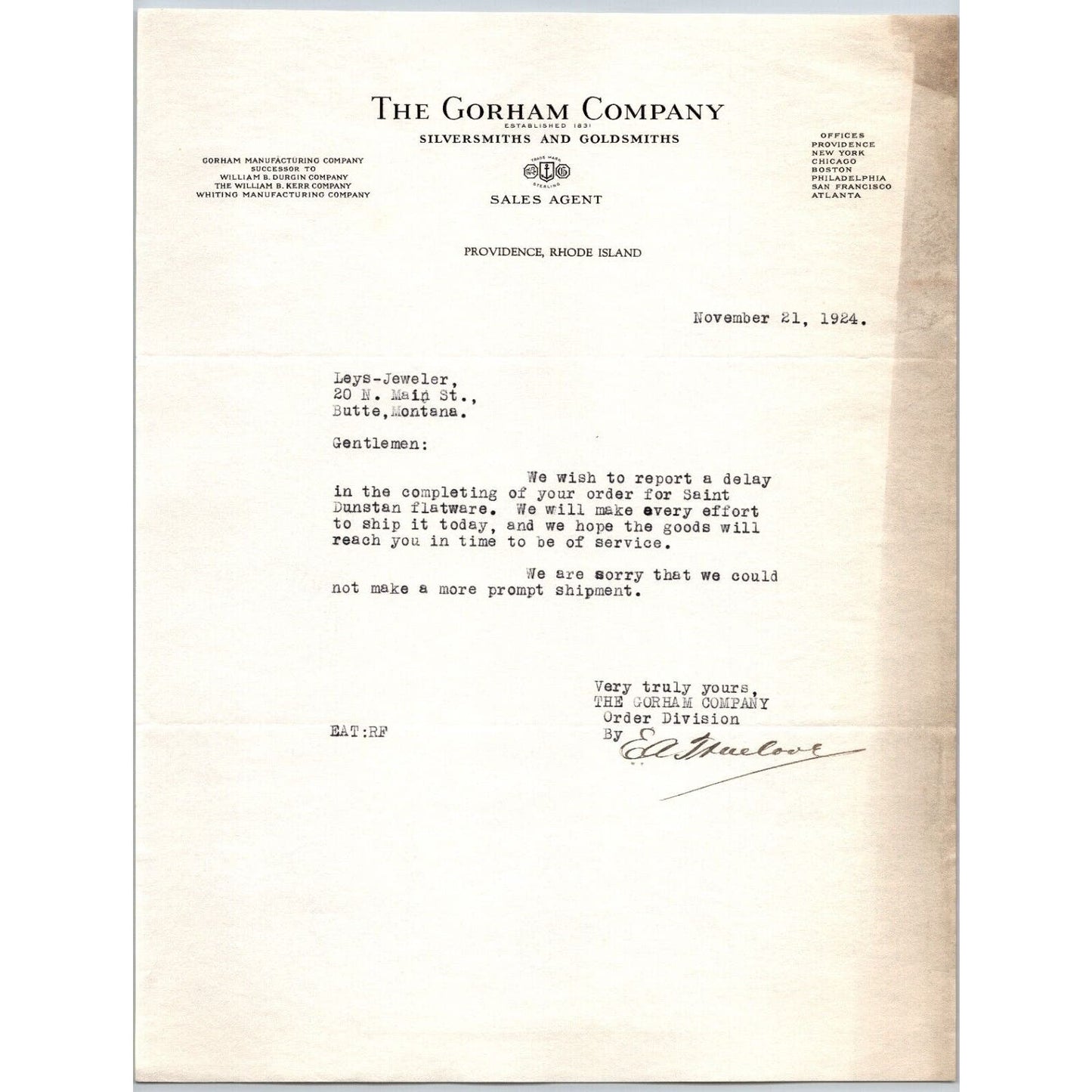Gorham Company Silver to "Leys" Jewelers Butte, MT 1924 Dunstan Delivery Delay