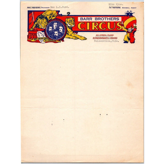 Barr Brothers Circus Letterhead c1946 w/Several Crossouts Nelsonville, OH Scarce