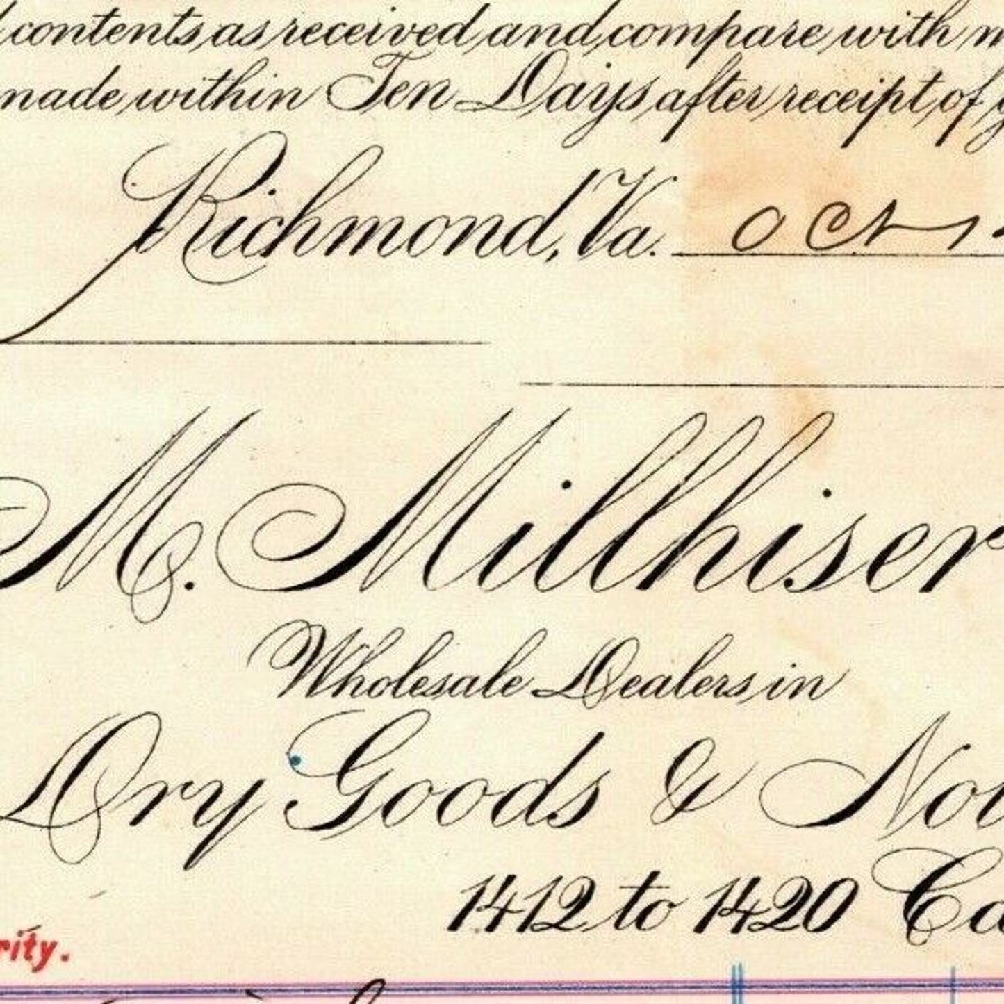 M. Millhiser & Co. Dry Goods Notions Richmond VA Letterhead to Geo. E. Wear 1894