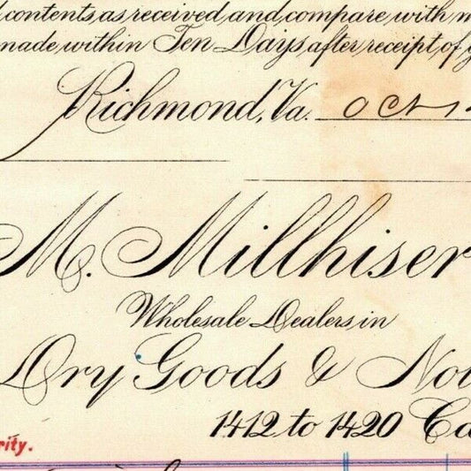 M. Millhiser & Co. Dry Goods Notions Richmond VA Letterhead to Geo. E. Wear 1894