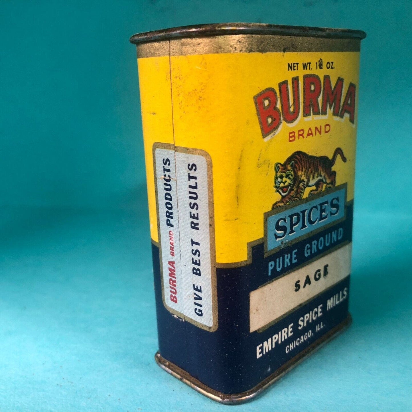 Burma Brand Chicago Sage Spice Tin 3 1/8"h Fiber Body w/ Tiger c1940's Scarce
