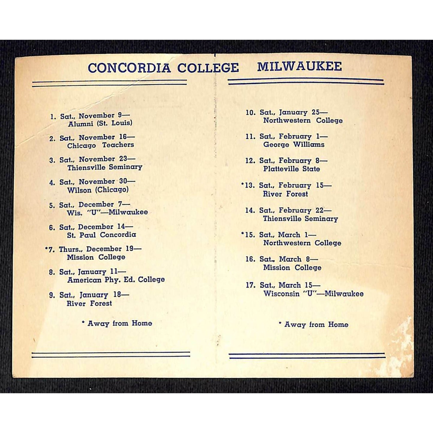 1946-47 Concordia Collage Milwaukee Basketball Pocket Schedule (Sporting Goods)