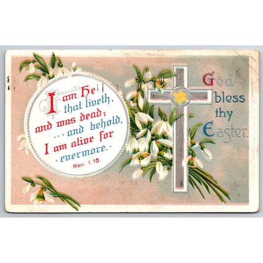 Easter Postcard "I am Alive for Evermore" Silver Cross Lilies c1910-15