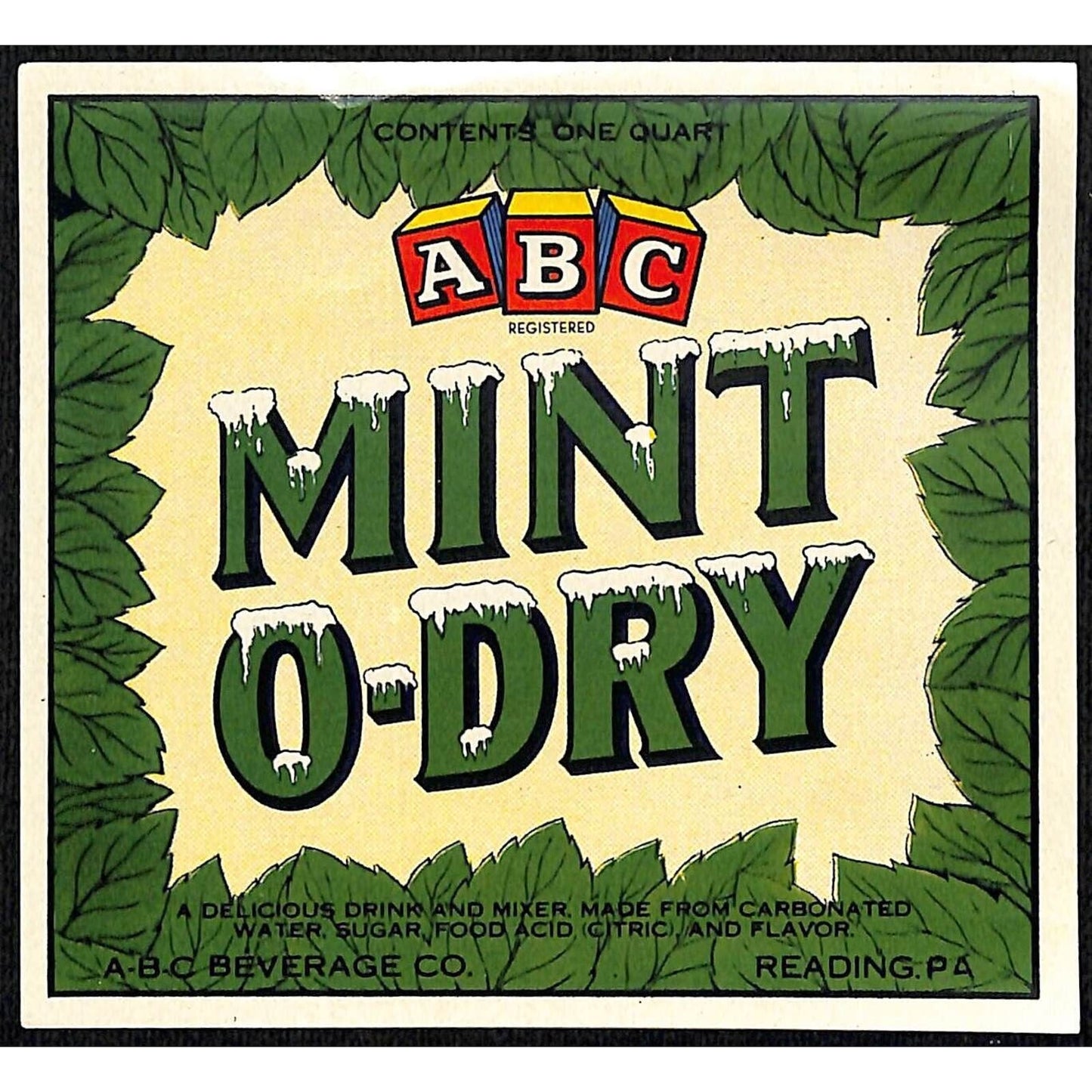 Mint O-Dry ABC Beverage Co. Reading, PA Paper Soda Label c1940's-50's Scarce