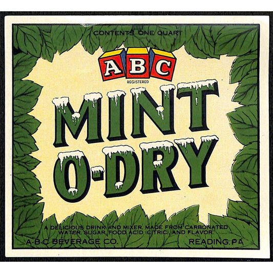 Mint O-Dry ABC Beverage Co. Reading, PA Paper Soda Label c1940's-50's Scarce