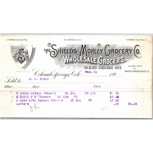 c1895 Shields-Morley Grocery Colorado Springs Letterhead M.H. Keefe "Tobacco"