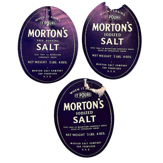 Morton's Iodized Paper Salt Label c1941 Group of 3 2 lbs. 4 ozs. w/ Damage