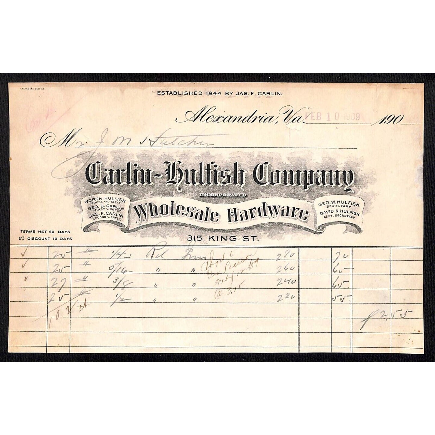 Alexandria, VA Carlin-Hulfish Company Hardware 1909 Billhead